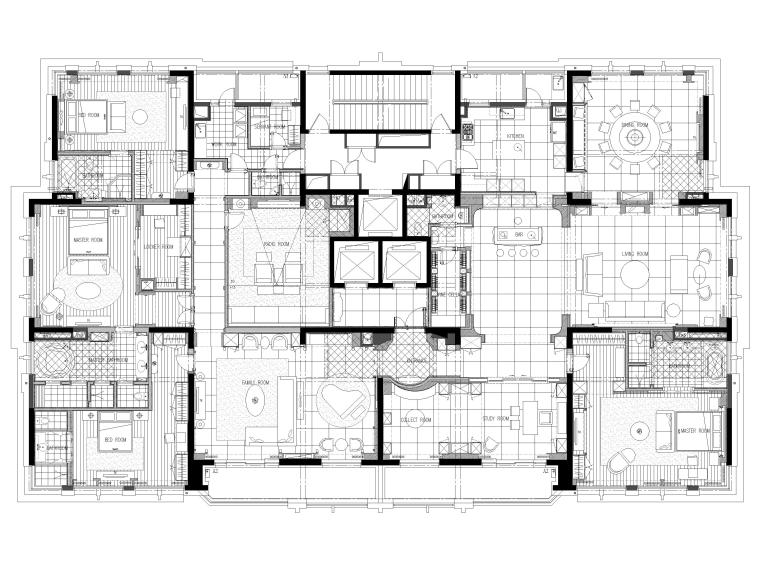 室内家装装修标准施工图资料下载-[上海]637㎡欧式四居室平层家装装修施工图
