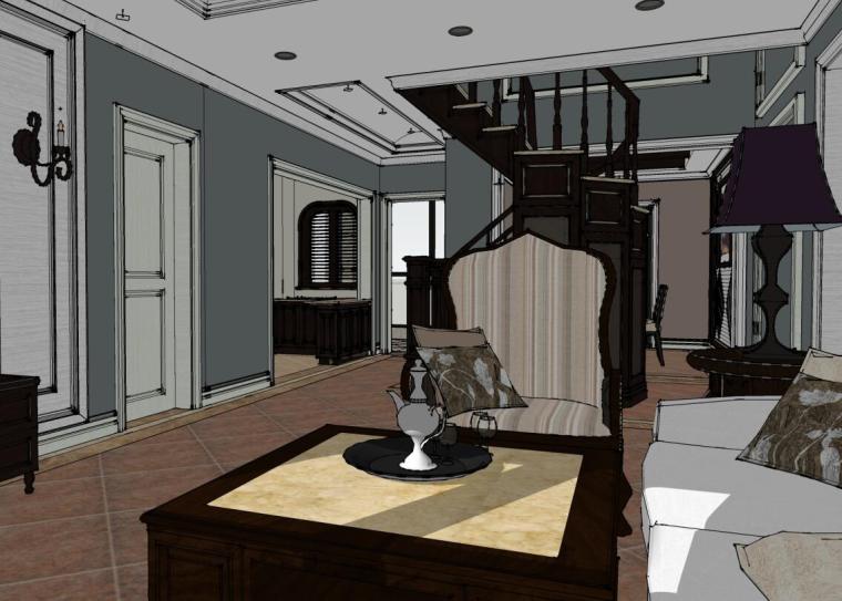 美式别墅建筑模型资料下载-美式别墅室内SU模型设计