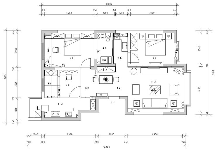 1室1厅平面资料下载-地中海115㎡3室2厅1卫住宅装修施工图设计