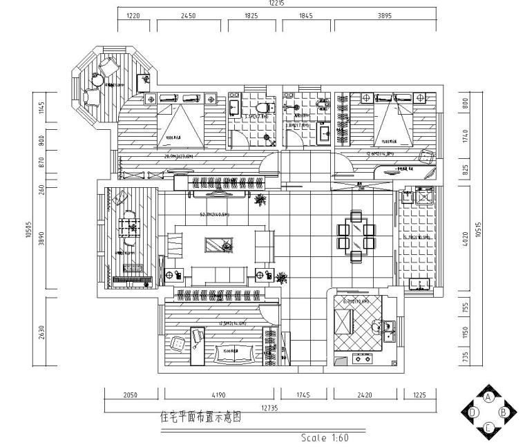 家装施工图三室两厅资料下载-三室两厅黑白经典住宅装修施工图设计