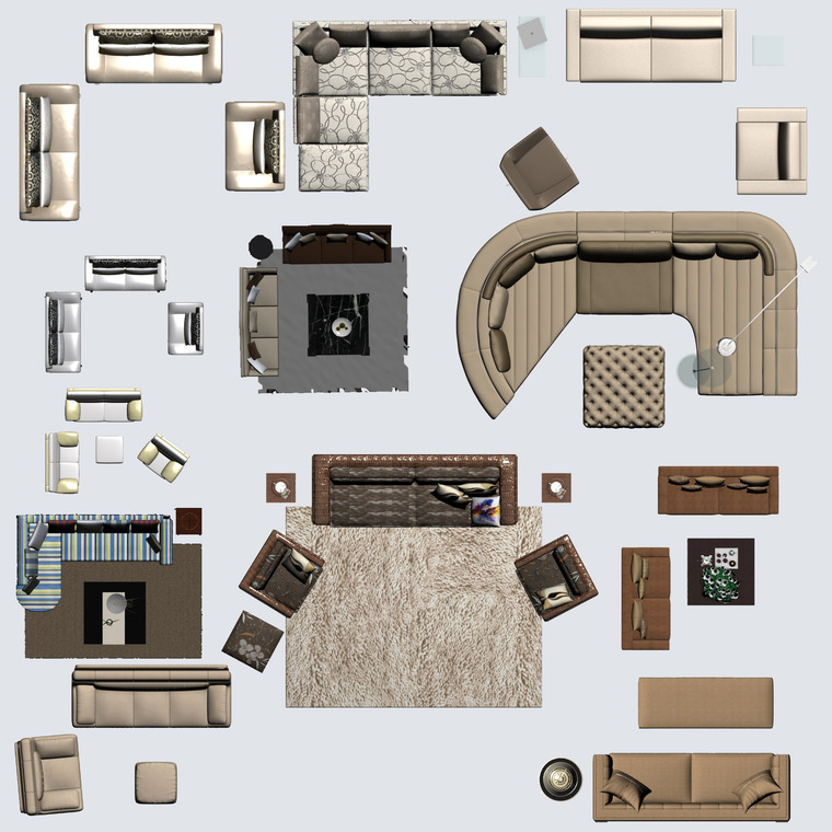 室内彩平图块-己详细分类psd餐桌床沙发洁具