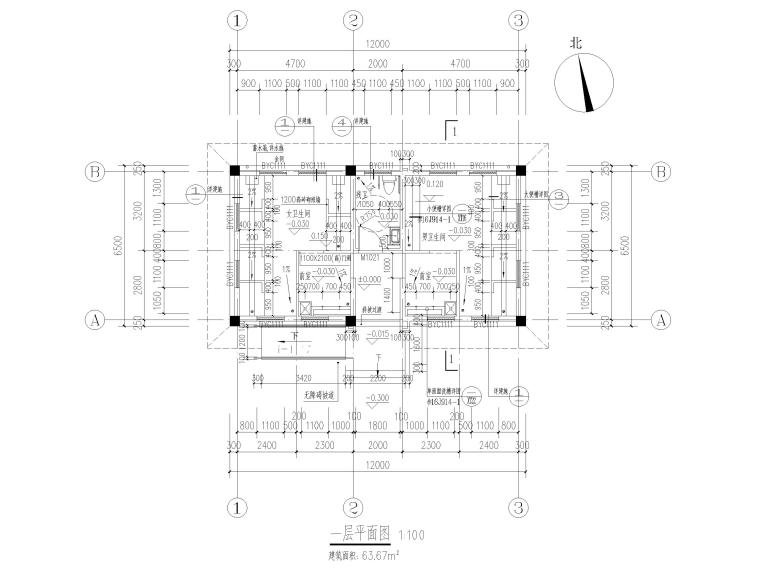 单层框架结构公厕建筑施工图2018-一层平面图