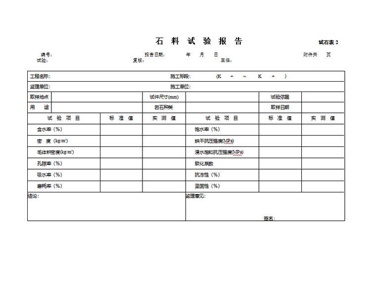 公路石料试验规范资料下载-集料石料试验记录表模板