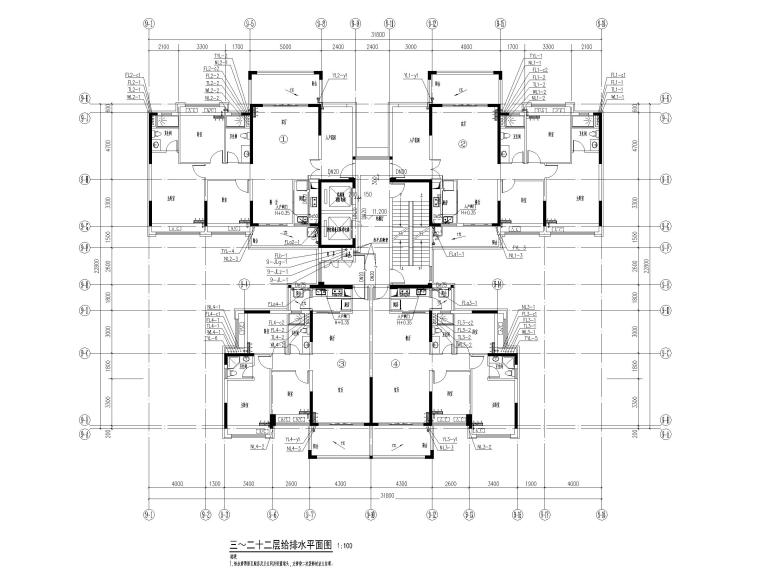 [广州]高层住宅楼消防给排水设计施工图-三～二十二层给排水平面图