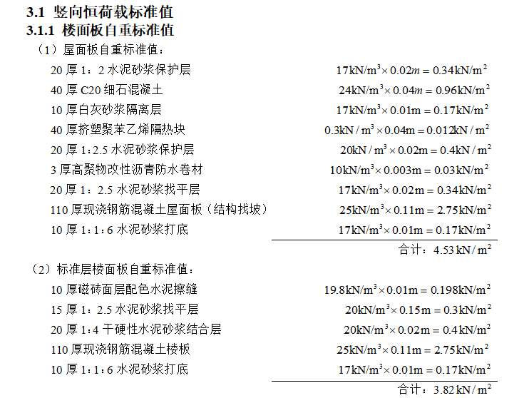 [江门]5层框架结构宿舍楼毕业设计2018-楼面板自重标准值