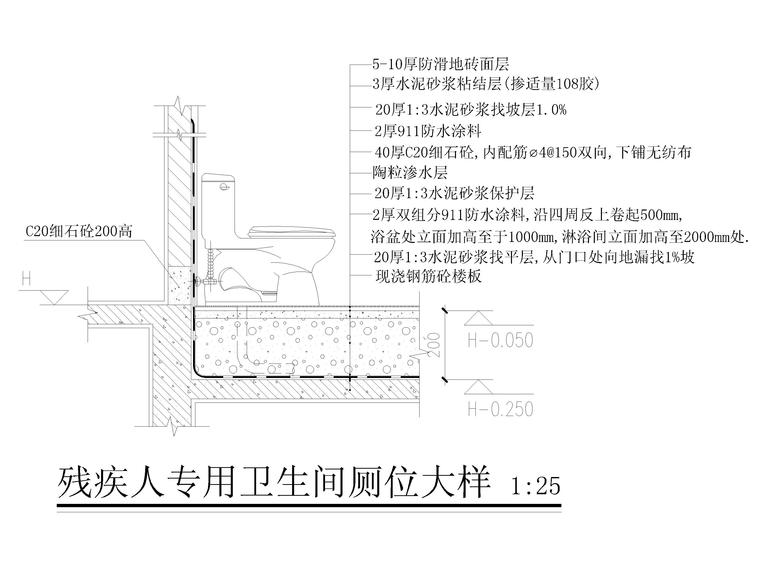 [江门]5层框架结构宿舍楼毕业设计2018-残疾人专用卫生间厕位大样