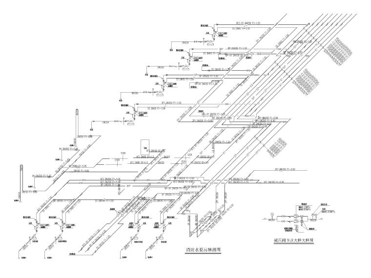 大型商业广场给排水消防喷淋设计图纸-消防水泵房轴测图