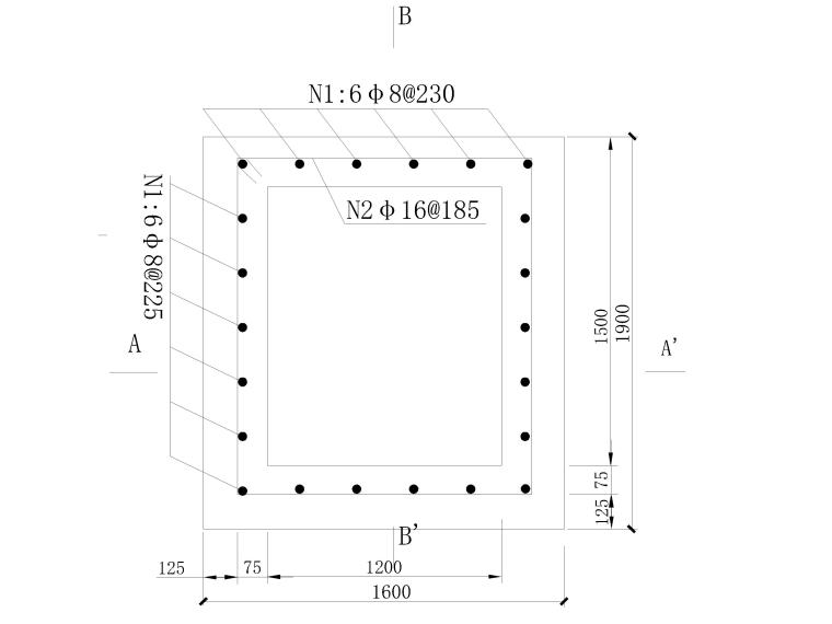 下沉广场抗滑桩边坡支护工程施工图CAD-1.2m×1.5m人工挖孔抗滑桩护壁横截面图