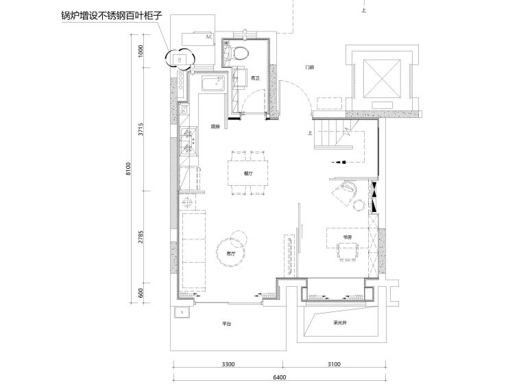 [上海]84㎡下叠二层二居室家装样板间施工图-下叠1F平面布置图