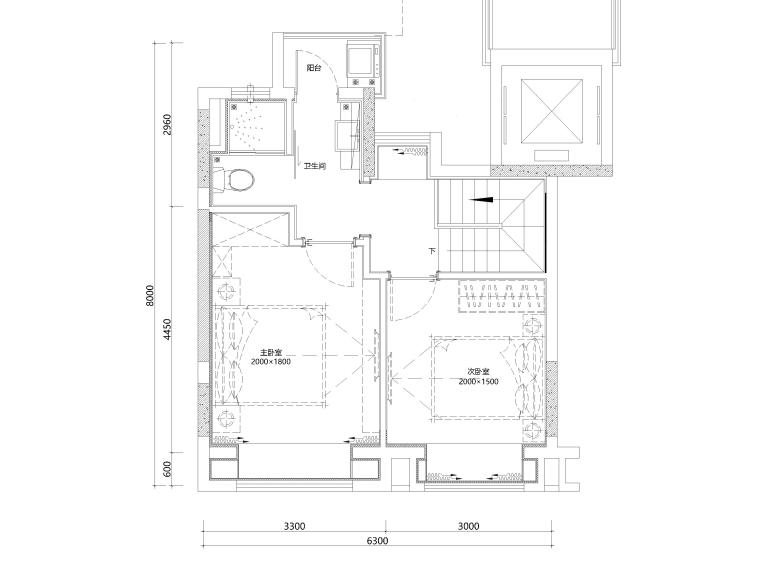 [上海]84㎡下叠二层二居室家装样板间施工图-下叠2F平面布置图