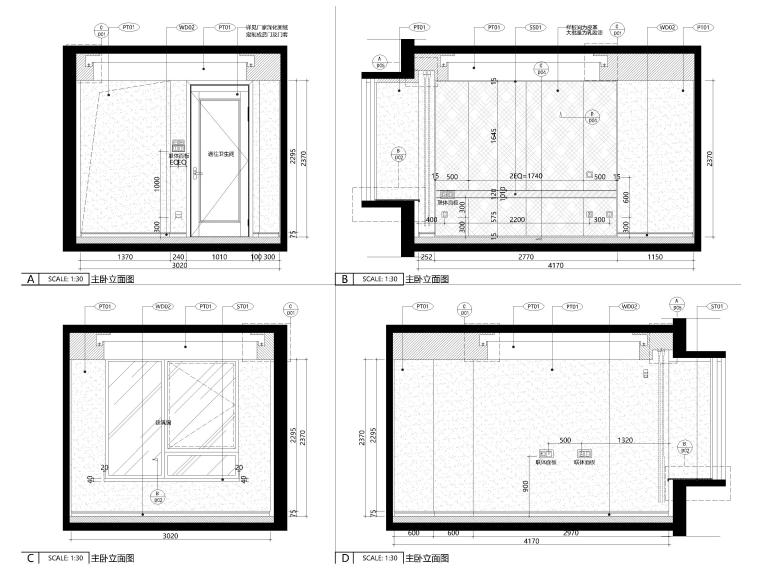 [上海]84㎡下叠二层二居室家装样板间施工图-主卧立面图