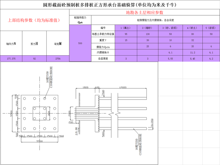 多桩方形承台基础验算Excel-上部结构参数及地勘资料