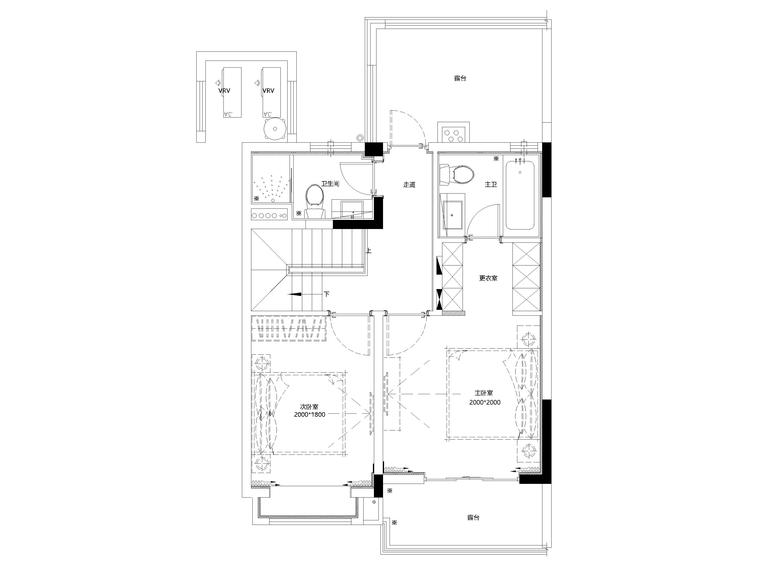 [上海]126㎡上叠二层三居家装样板间施工图-上叠户型4F平面布置图