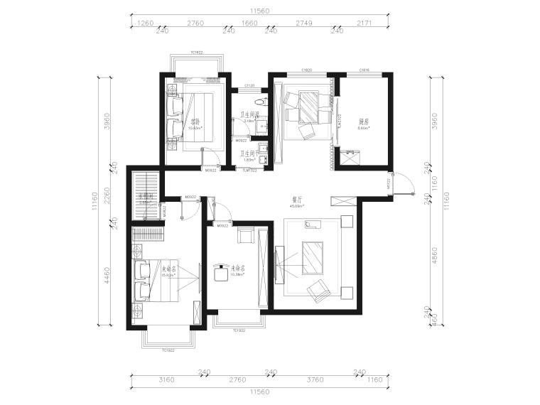 100㎡现代二居室家装样板间装修设计施工图-平面布置图