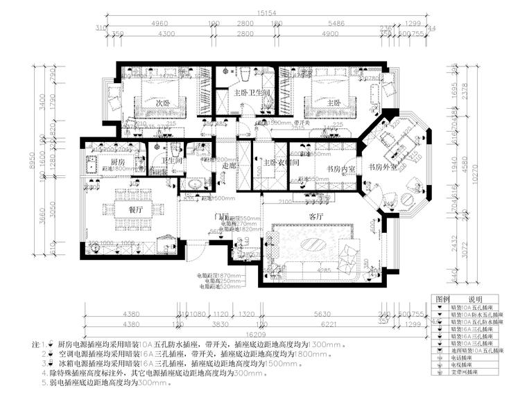 东易日盛标准家装样板间设计图例施工图-强弱电插座平面布置图