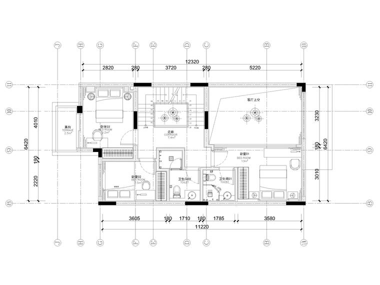 [广东]275㎡现代三层四居别墅样板间施工图-二层平面布置图