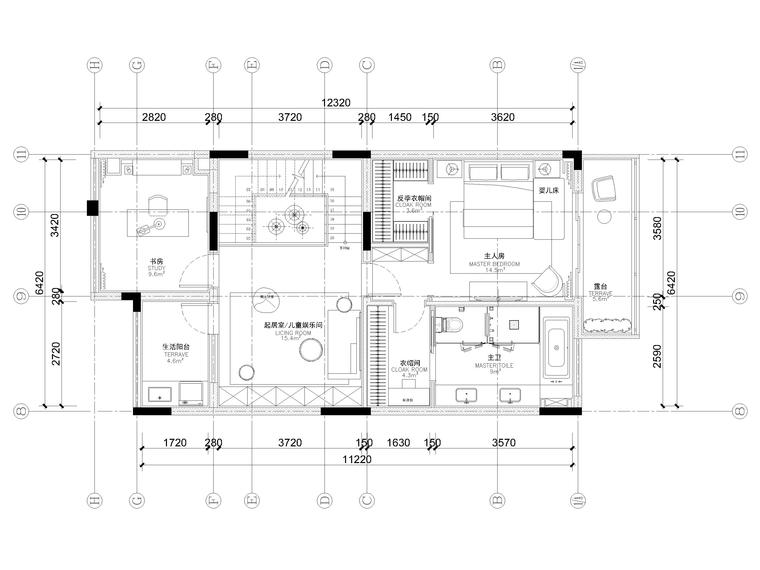 [广东]275㎡现代三层四居别墅样板间施工图-三层平面布置图