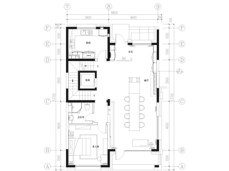 [北京]390㎡二层三居联排别墅施工图+3D模型-一层平面布置图