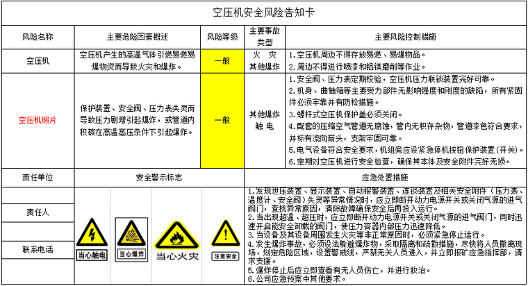 空压机安全风险告知卡
