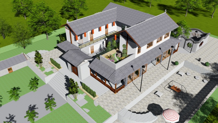 农家乐景观设计SU资料下载-新中式农家乐民宿建筑SU模型+Lumion模型