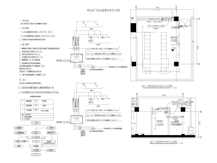 五星级酒店_办公楼给排水消防喷淋设计图-地下室和裙房七氟丙烷报警系统设计说明