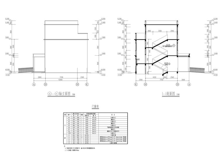 二層框架結構中學食堂建築結構施工圖 立面圖,剖面圖