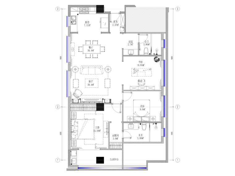 二居室样板间施工图资料下载-[江苏]120㎡二居室家装样板间装修施工图