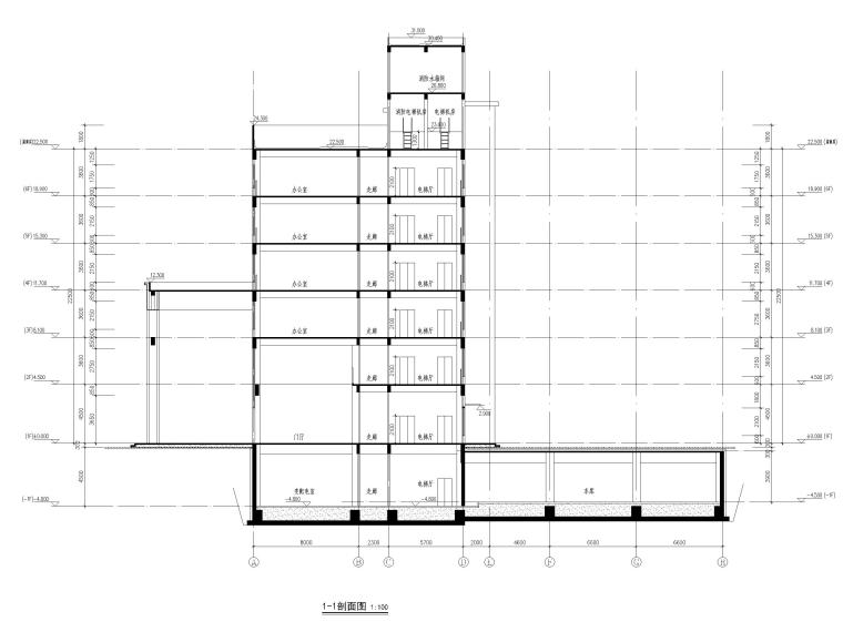 西安六层框架结构科研楼办公建筑施工图-剖面图