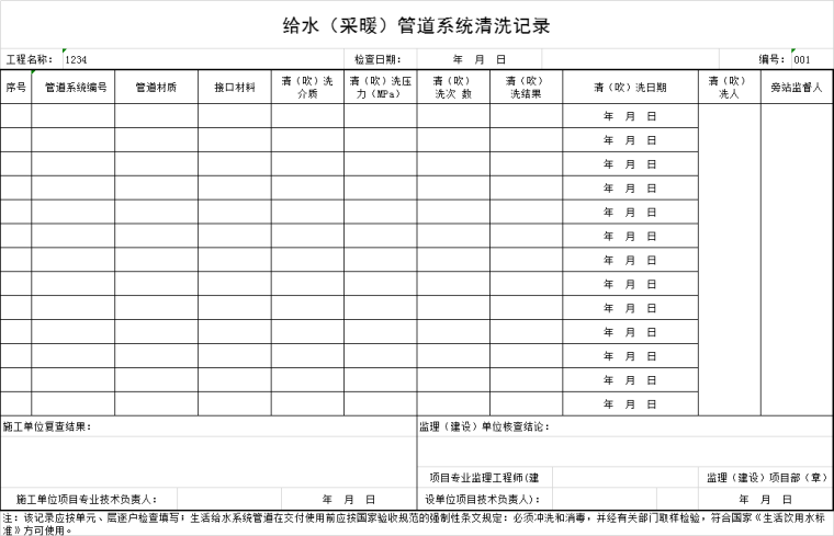 地下室采暖管道资料下载-给水（采暖）管道系统清洗记录