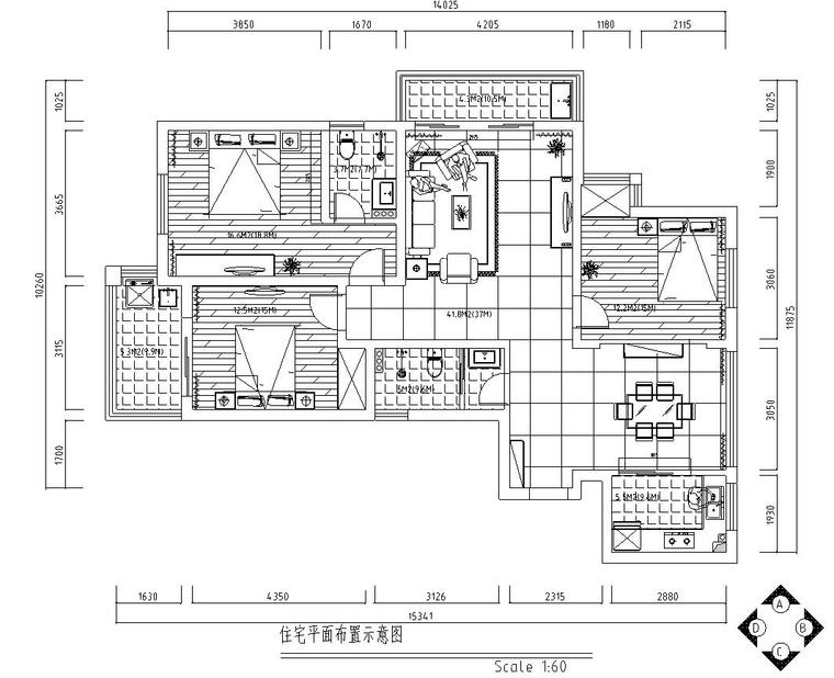 电视住宅平面图资料下载-现代简欧混搭风二居室住宅装修施工图设计