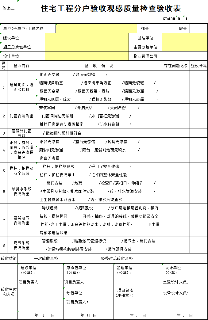 装修分户验收方案资料下载-住宅工程分户验收观感质量检查验收表