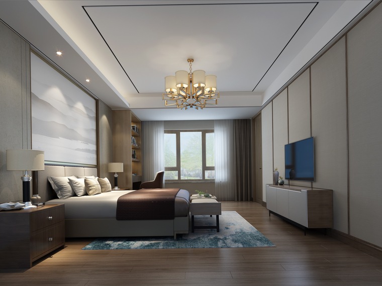 600㎡新中式三层四居别墅装修施工图+3D模型-二层主卧室