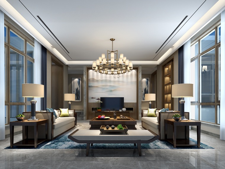 600㎡新中式三层四居别墅装修施工图+3D模型-客厅1