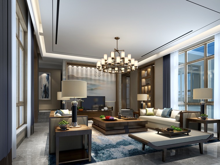 600㎡新中式三层四居别墅装修施工图+3D模型-客厅2