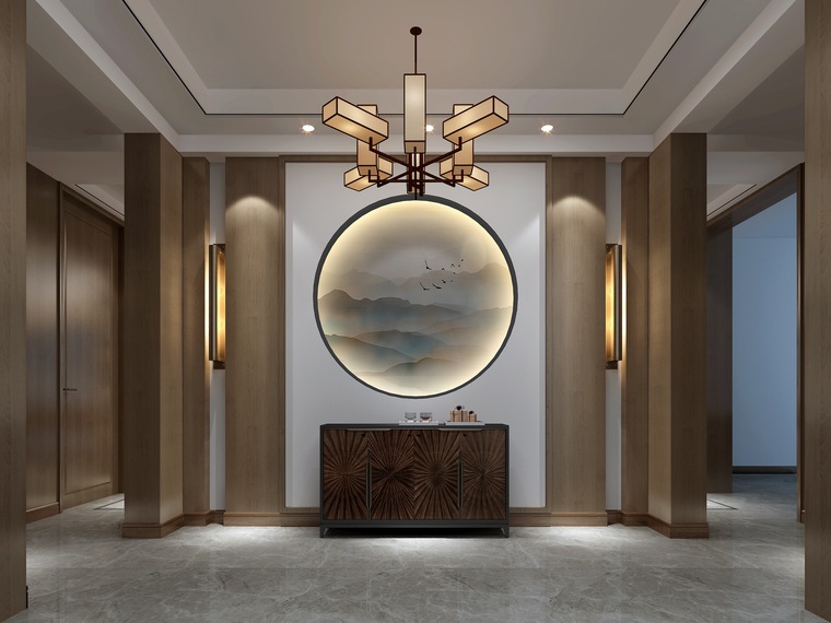 600㎡新中式三层四居别墅装修施工图+3D模型-玄关