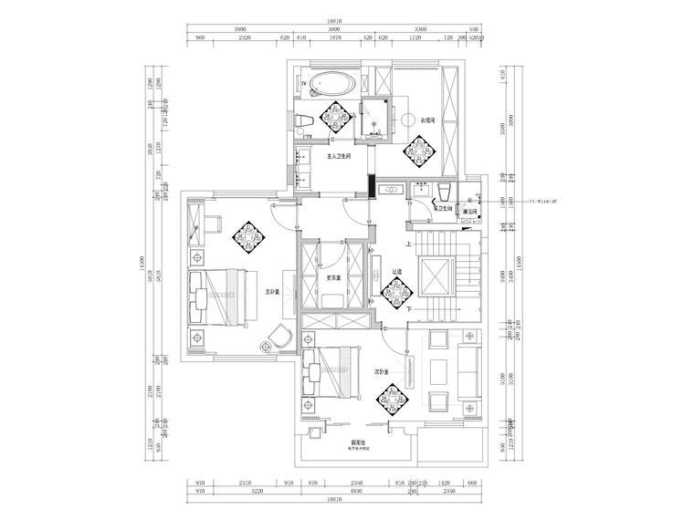 600㎡新中式三层四居别墅装修施工图+3D模型-二层平面布置图
