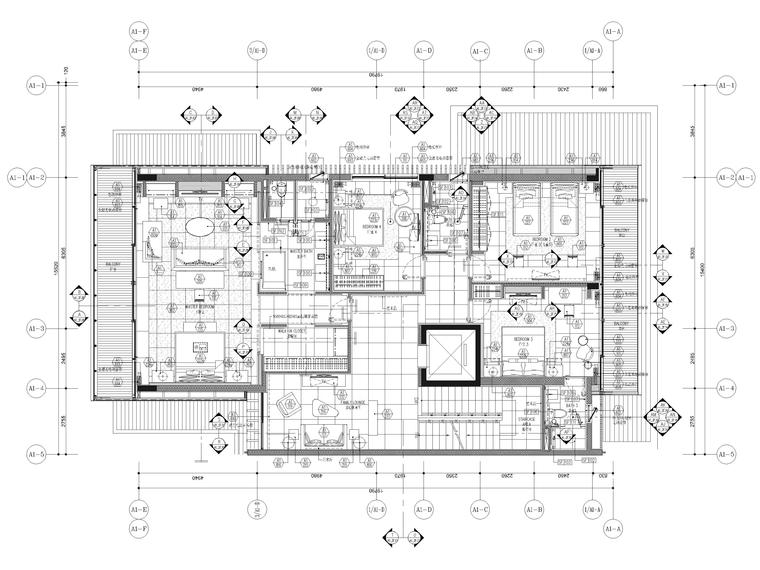 [三亚]晋园三层五居室别墅样板间装修施工图-2F家具配置平面图