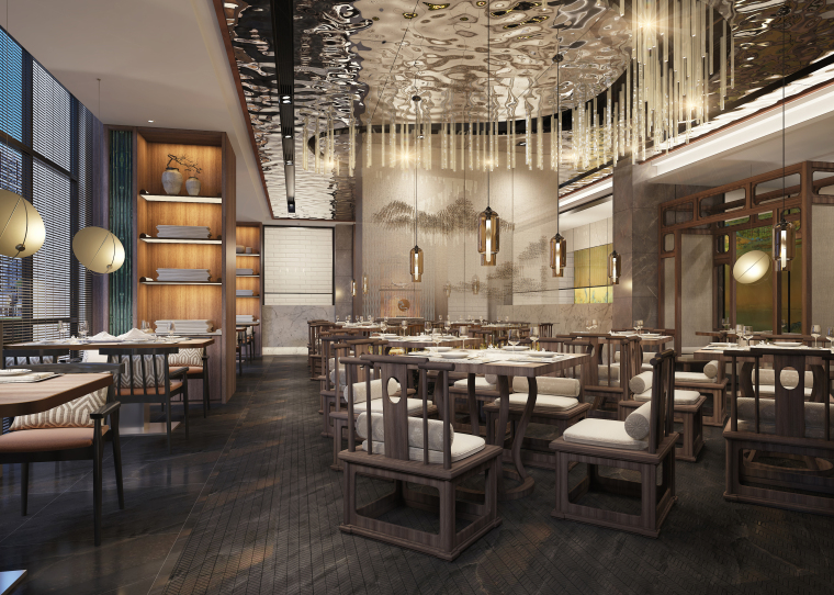 酒店餐厅新中式包间效果图资料下载-江苏天然居中式餐厅室内SU模型+效果图