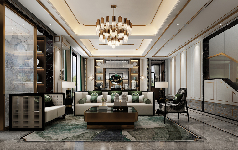 [山东]330㎡二层三居中式别墅样板间施工图-效果图 (1)