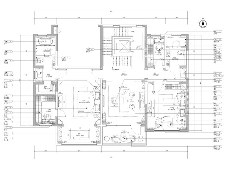 [山东]330㎡二层三居中式别墅样板间施工图-二层家居布置图