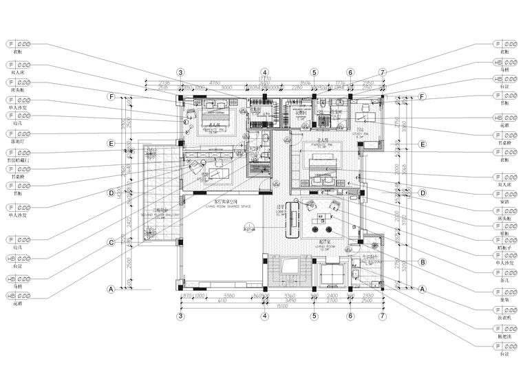 [无锡]江阴1000㎡三层五居别墅样板房施工图-二层家居布置图