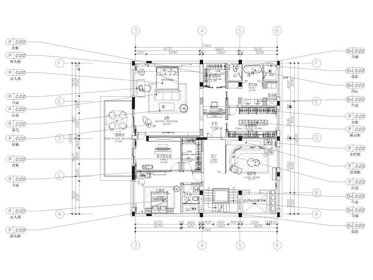 [无锡]江阴1000㎡三层五居别墅样板房施工图-三层家居布置图