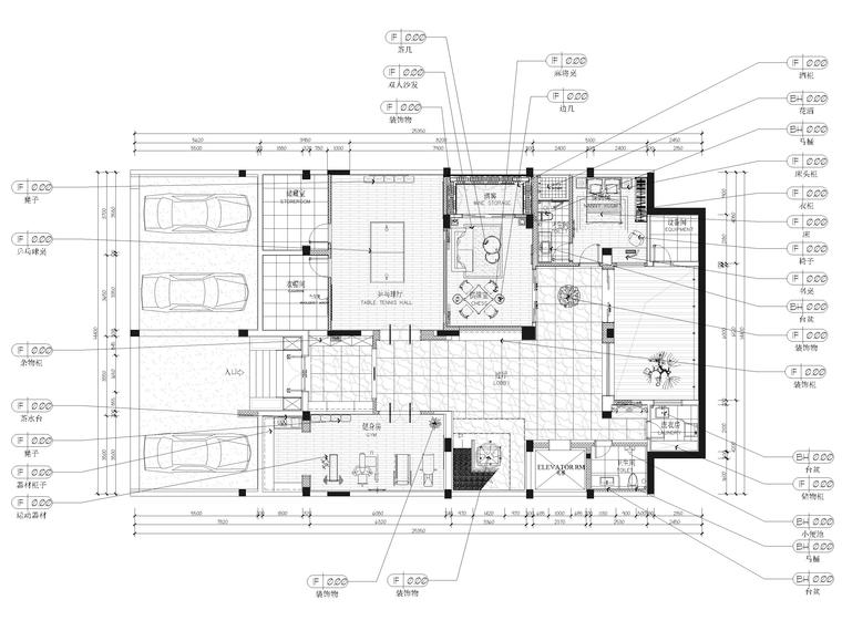 [无锡]江阴1000㎡三层五居别墅样板房施工图-负一层家居布置图