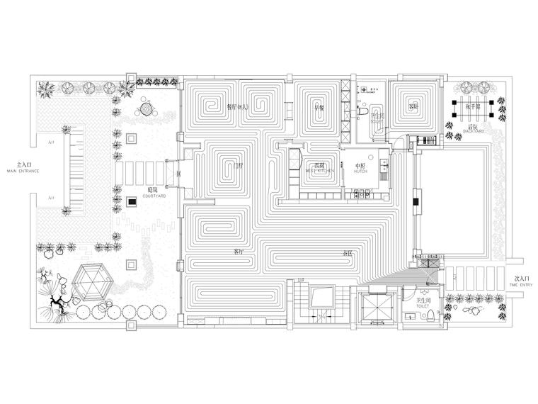 [无锡]江阴1000㎡三层五居别墅样板房施工图-一层地暖平面图