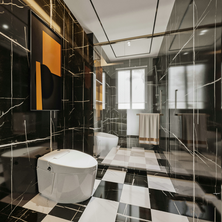 卫生间效果图简单资料下载-现代室内黑白卫生间3d模型+效果图