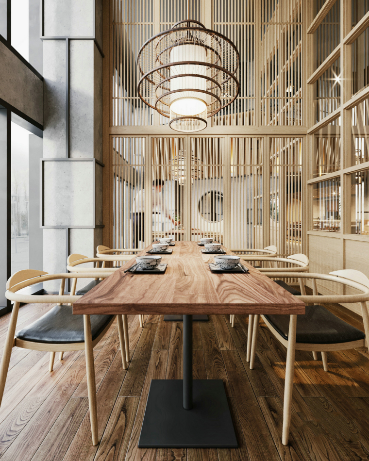 餐饮空间效果图加平面资料下载-日式木质餐饮空间3D模型​+效果图