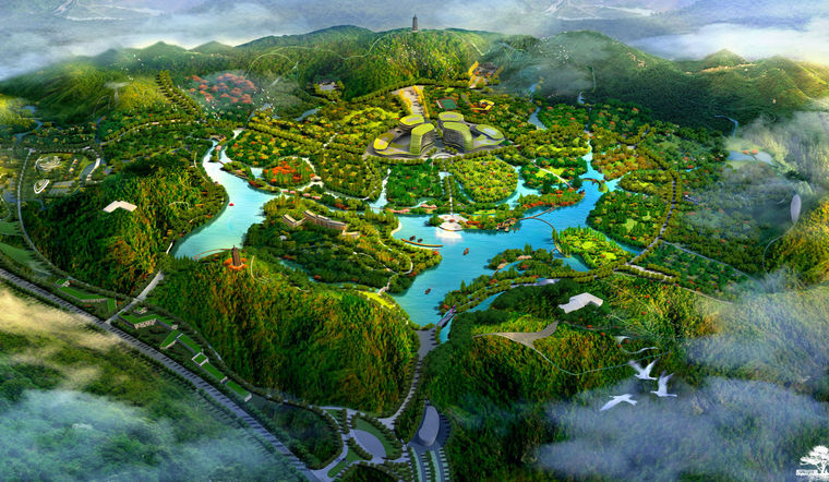 设计定位,设计构思,总平面图,鸟瞰效果图,景区局部效果图,游览路线