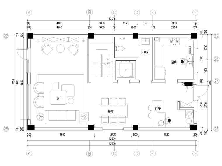 [沈阳]447㎡三层三居别墅装修施工图+3D模型-一层平面布置图
