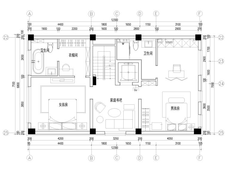 [沈阳]447㎡三层三居别墅装修施工图+3D模型-二层平面布置图