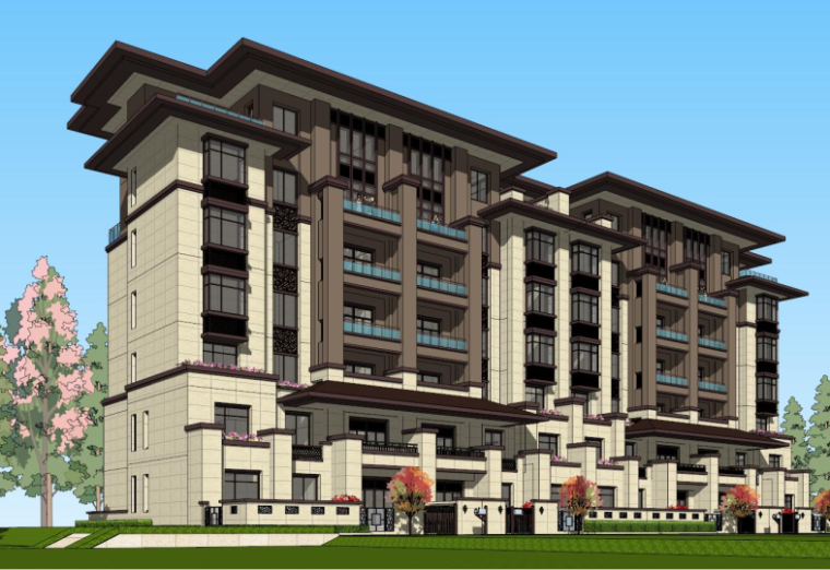 新亚洲风格办公建筑资料下载-多层新亚洲风格洋房建筑SU模型